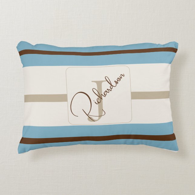 Personalized Blue Brown Stripe Monogram Coastal  Prydnadskudde (Framsidan)