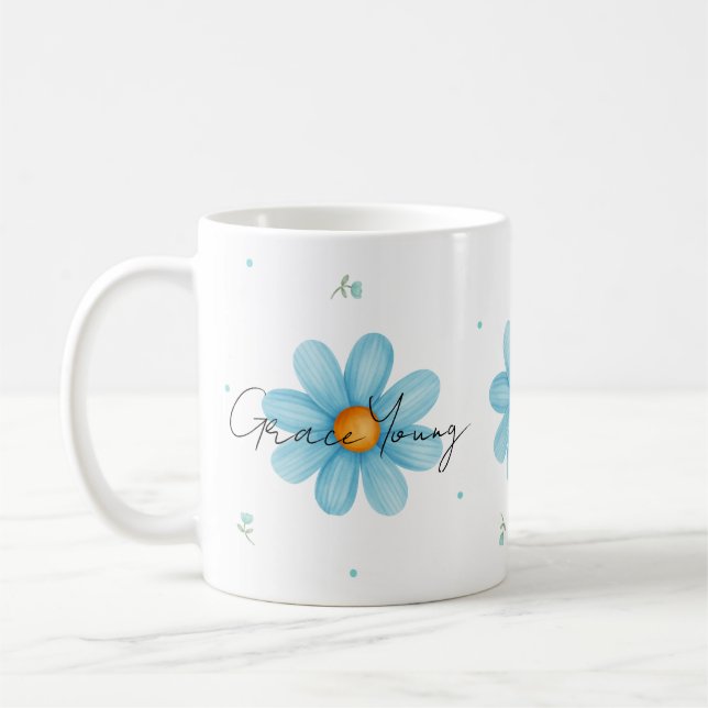 Personalized Blue Daisy Floral Name Custom Design  Kaffemugg (Vänster)
