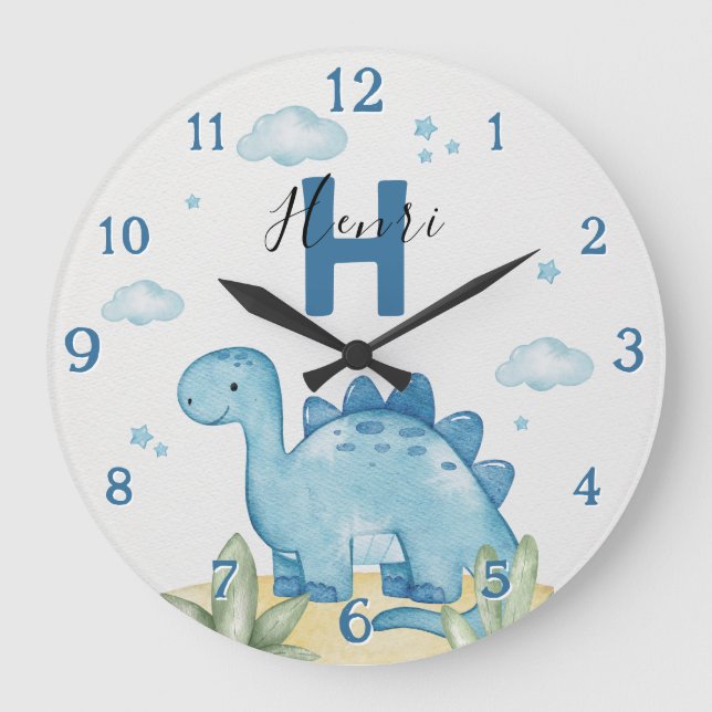 Personalized Blue Dinosaur Nursery Wall Clock Stor Klocka (Framsida)