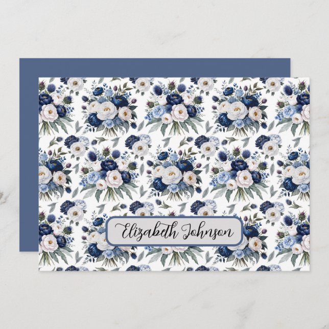 Personalized Blue Floral Botanical Note Card Anteckningskort (Fram/baksida)