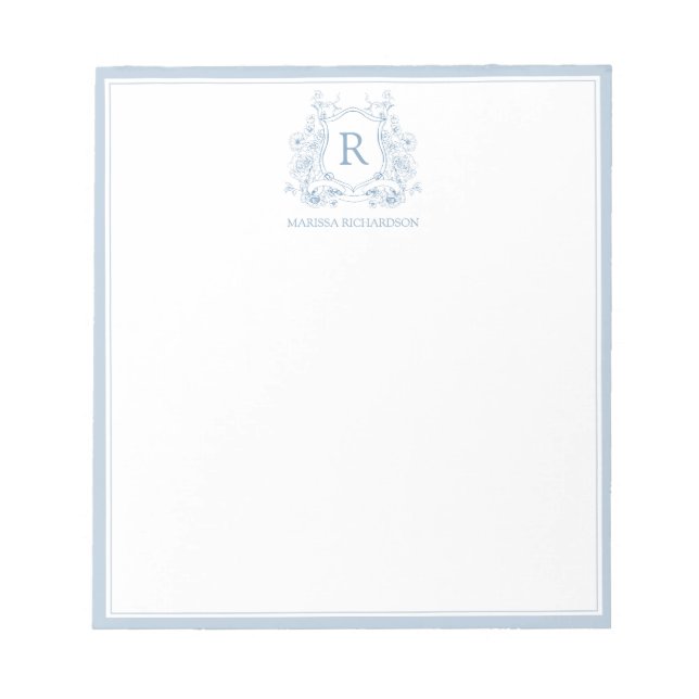 Personalized Blue Floral Crest Notepad Anteckningsblock (Framsida)
