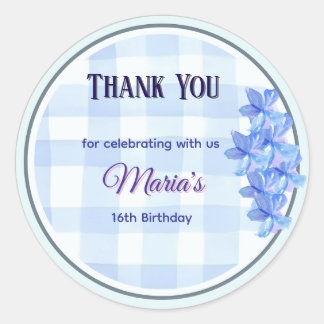 Personalized Blue Floral Thank You Sticker | Bday Runt Klistermärke
