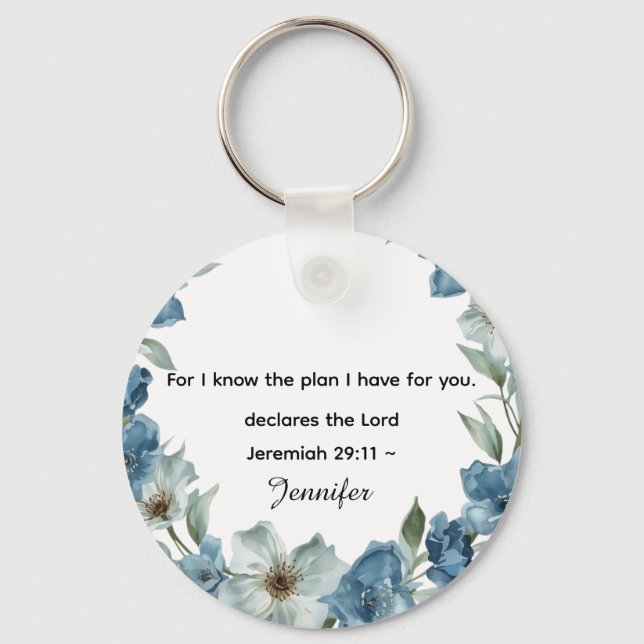Personalized blue flower Bible Scripture jeremiah  Nyckelring (Framsida)