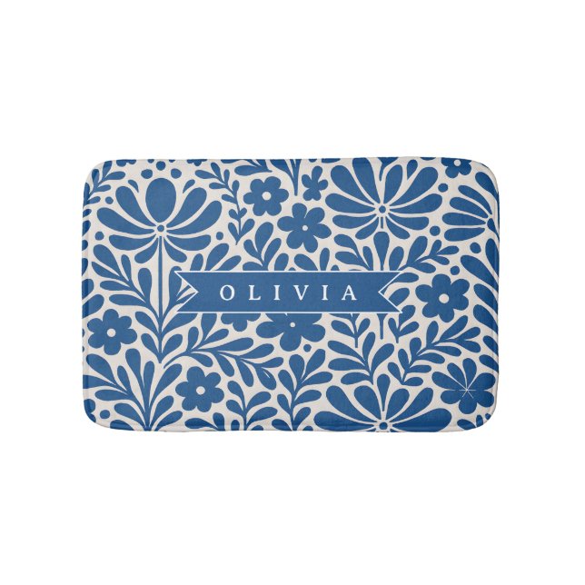 Personalized Blue Folk Floral Nordic Custom Badrumsmatta (Framsidan)