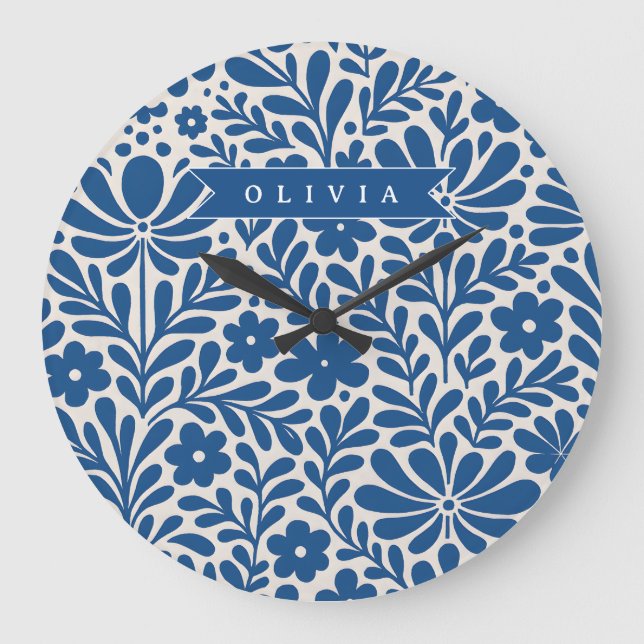 Personalized Blue Folk Floral Nordic Custom Stor Klocka (Framsida)