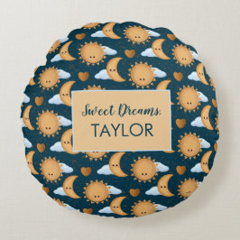 Personalized Blue Gold Sun Moon Sweet Dreams Name Rund Kudde