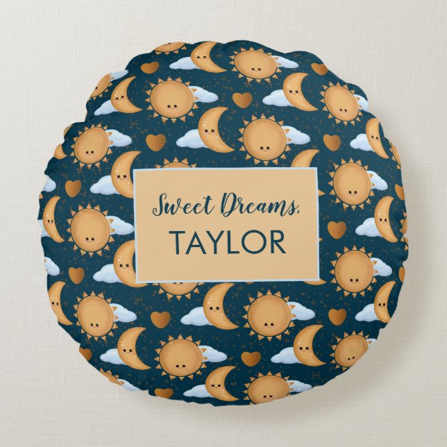Personalized Blue Gold Sun Moon Sweet Dreams Name Rund Kudde (Framsidan)