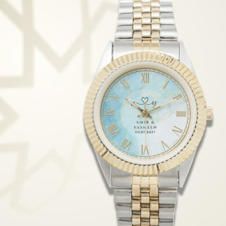 Personalized Blue Marble Men’s Two-Tone Gold & Sil Armbandsur