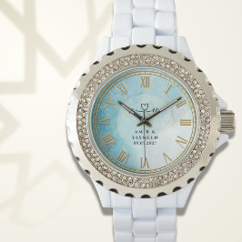 Personalized Blue Marble Women’s Rhinestone Watch Armbandsur