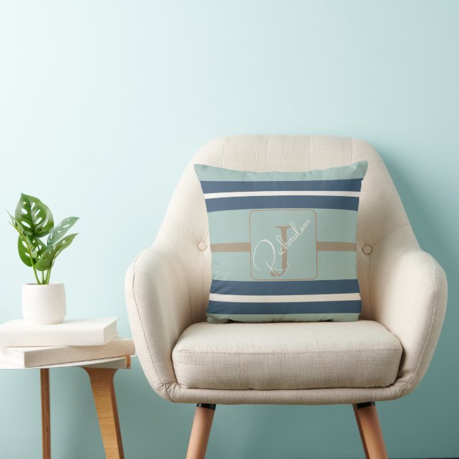Personalized Blue Mint Tan Stripe Monogram Coastal Kudde (Stol)