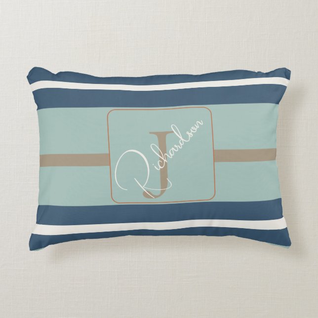 Personalized Blue Mint Tan Stripe Monogram Coastal Prydnadskudde (Framsidan)