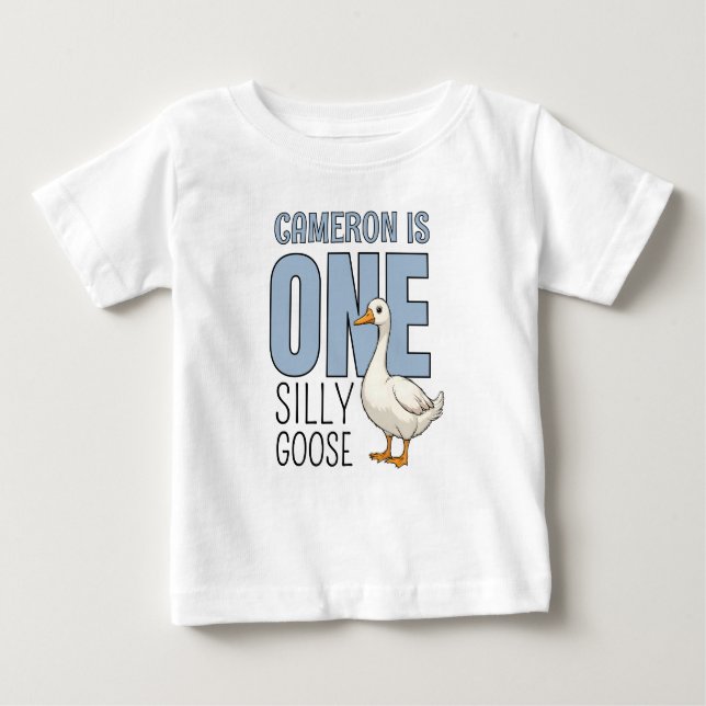 Personalized Blue One Silly Goose First Birthday T Shirt (Framsida)