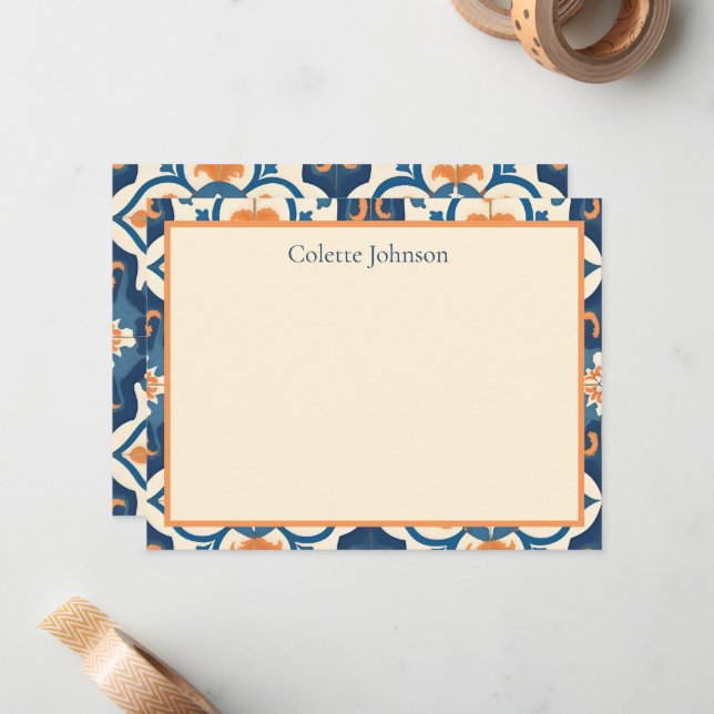 Personalized Blue Orange Tile Stationery Anteckningskort (Fram/Back In Situ)