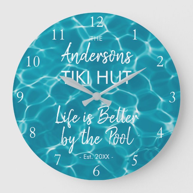 Personalized Blue Pool Family Name Tiki Hut Stor Klocka (Framsida)
