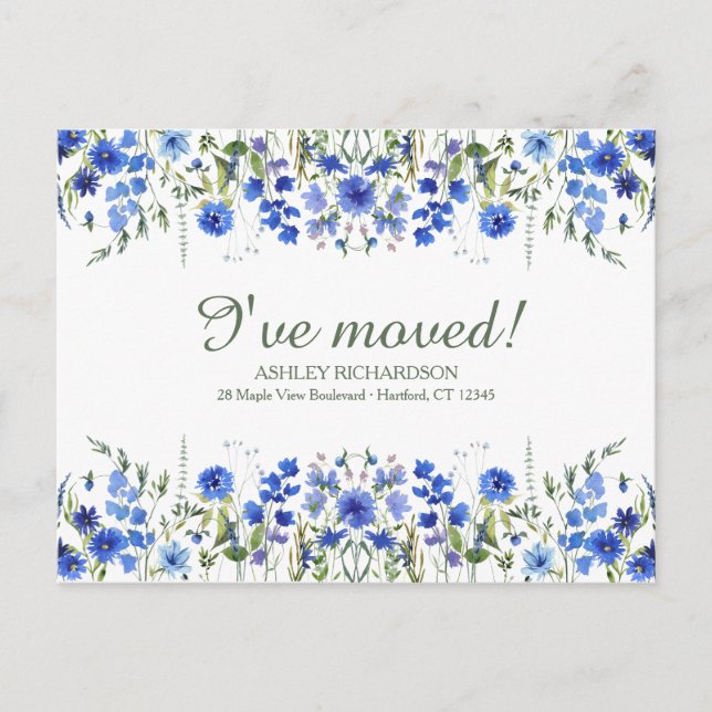 Personalized Blue Wildflower I've Moved Postcard Vykort (Framsida)