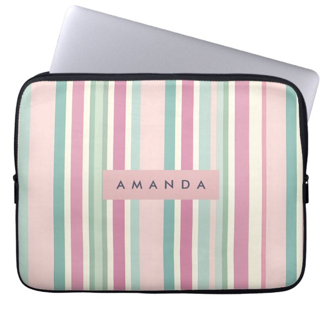 Personalized Blush Mint Pastel Stripes Laptop Fodral (Framsidan)