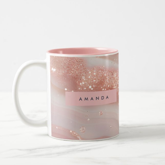 Personalized Blush Rose Gold Marble Sparkle Två-Tonad Mugg (Vänster)