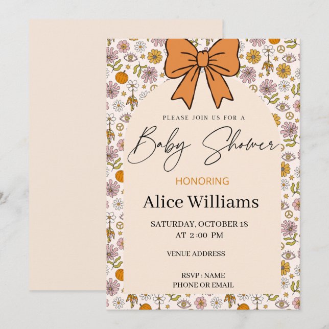 Personalized Boho Floral Bow Baby Shower Invite Inbjudningar (Fram/baksida)