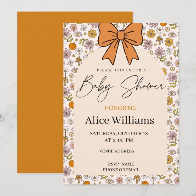 Personalized Boho Floral Bow Baby Shower Invite Inbjudningar (Fram/baksida)