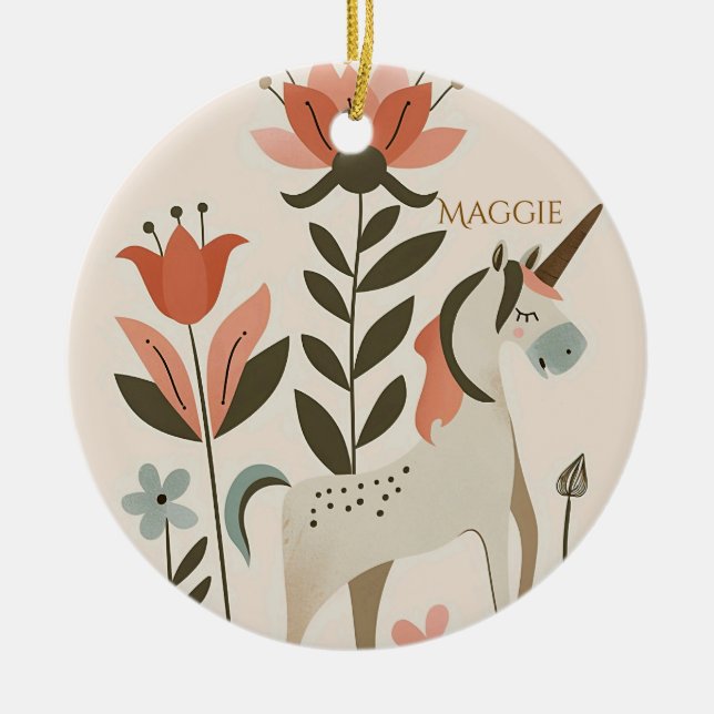 Personalized Boho Unicorn Wildflower Julgransprydnad Keramik (Framsidan)