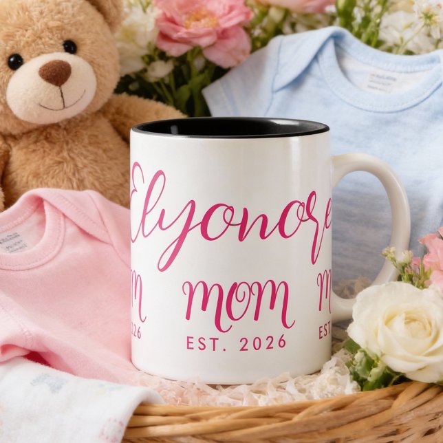 Personalized Bold  Name Est New Mom Pink Script  Två-Tonad Mugg (Skapare uppladdad)