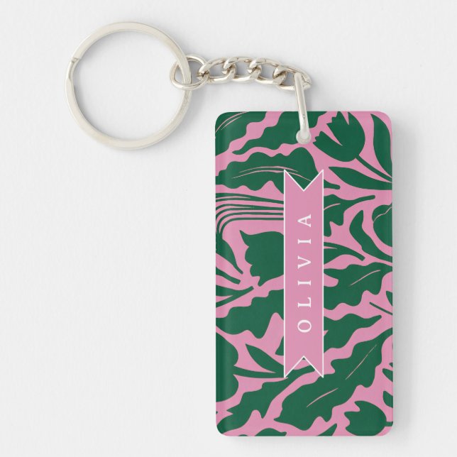 Personalized Bold Pink Botanical Floral Name Gift Nyckelring (Framsidan)