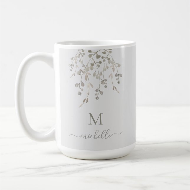 Personalized Botanical Watercolor Monogram Gray Kaffemugg (Vänster)