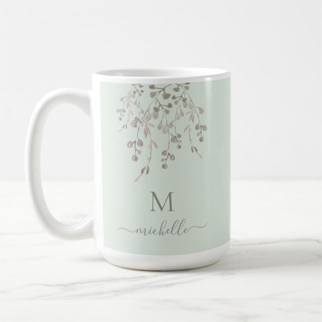 Personalized Botanical Watercolor Monogram Sage Kaffemugg (Vänster)