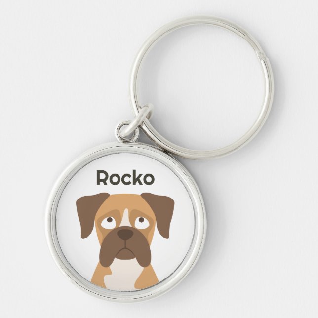 Personalized Boxer Dog Keychain Custom Name Gift Rund Silverfärgad Nyckelring (Framsidan)