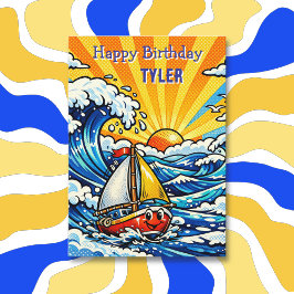 Personalized Boy's Birthday | Sailboat and Shark  Kort