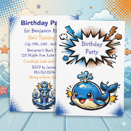 Personalized Boy's Nautical Whale  Birthday Party Inbjudningar