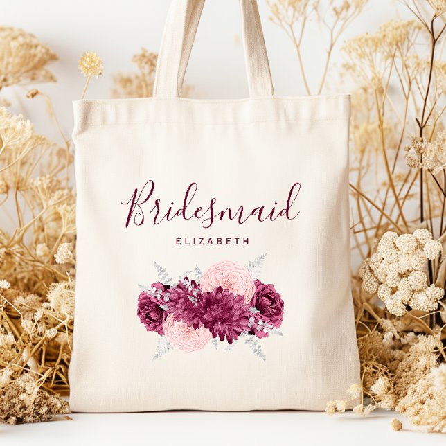 Personalized Bridesmaid Floral Burgundy Blush Tygkasse (Skapare uppladdad)