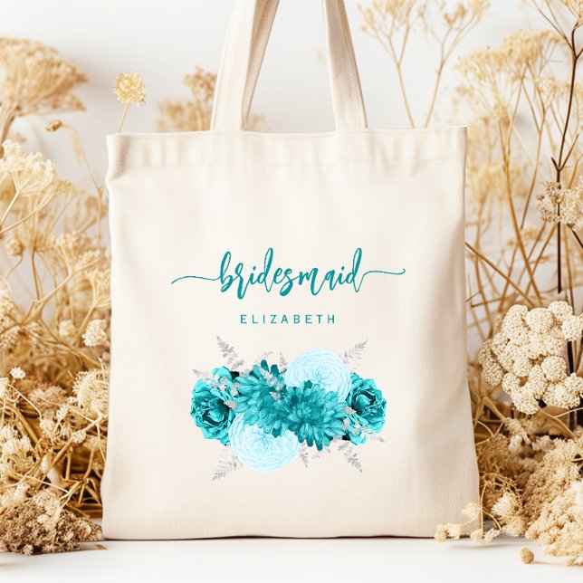 Personalized Bridesmaid Floral Turquoise Silver Tygkasse (Skapare uppladdad)