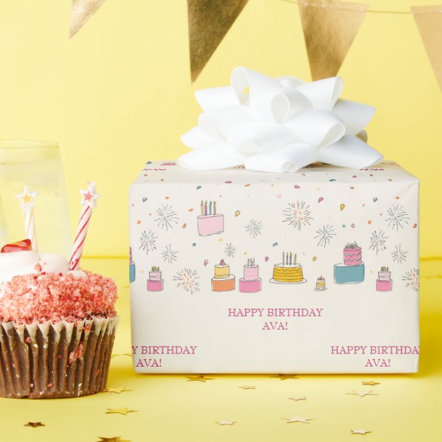Personalized Bright Cakes W/ Confetti & Fireworks Presentpapper (Födelsedagsfest)
