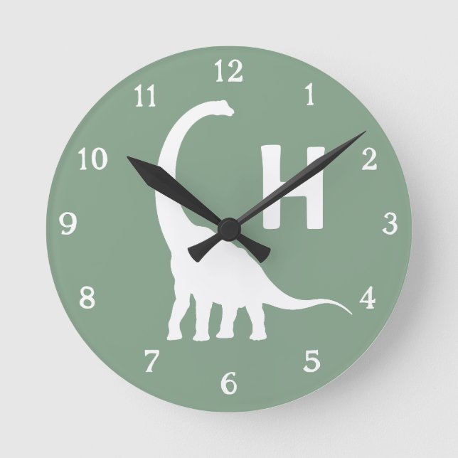 Personalized Brontosaurus Kids Wall Clock Sage Gre Rund Klocka (Framsida)