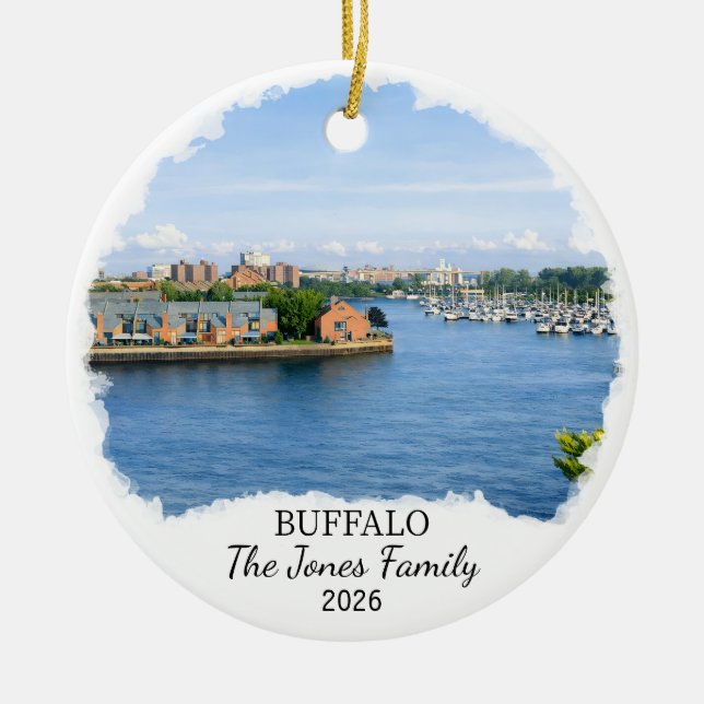 Personalized Buffalo Ornament, Custom New York Julgransprydnad Keramik (Framsidan)