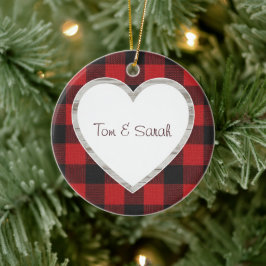 Personalized Buffalo Plaid Heart Rustic  Julgransprydnad Keramik