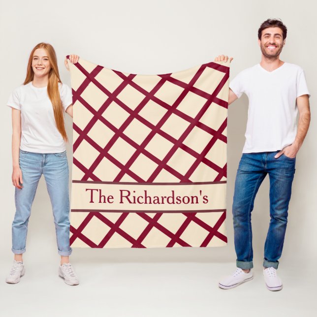 Personalized Burgundy Cream Lattice Elegant Chic Fleecefilt (På plats)