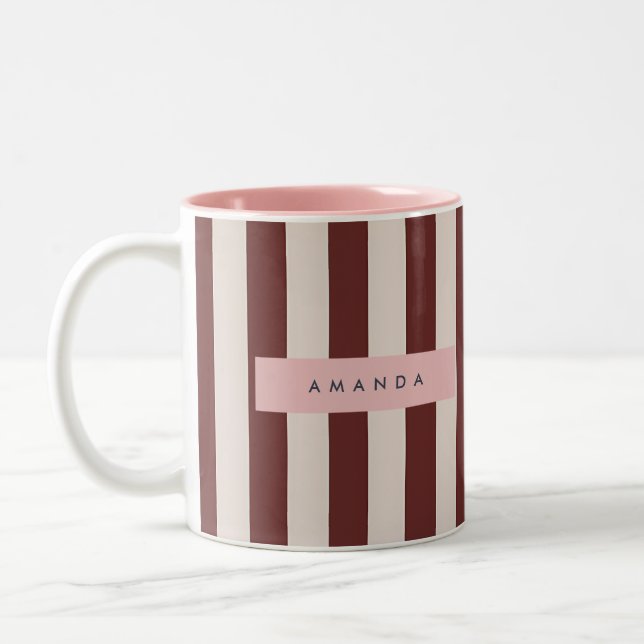 Personalized Burgundy & Ivory Stripe Två-Tonad Mugg (Vänster)