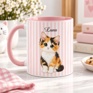 Personalized Calico Kitten Name Pink Striped Coffe Mugg