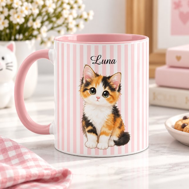 Personalized Calico Kitten Name Pink Striped Coffe Mugg (Skapare uppladdad)