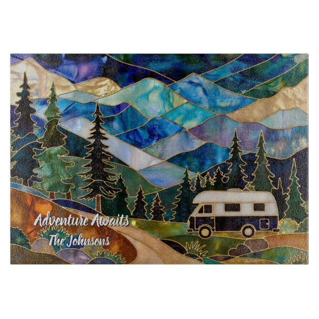 Personalized Camper Glass Cutting Board Adventure (Framsidan)