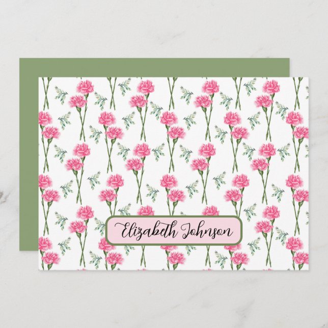Personalized Carnation Floral Botanical Note Card Anteckningskort (Fram/baksida)