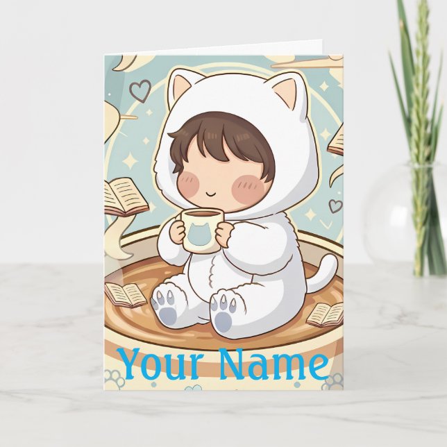 Personalized Cat Greeting Card for Book Lovers Kort (Framsida)