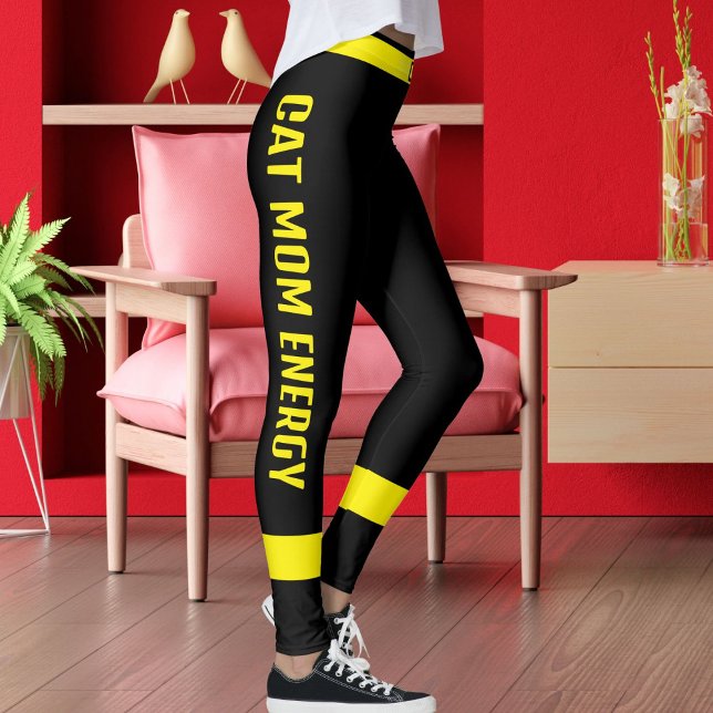 Personalized Cat Mom Pet Lover Yellow Stripe Black Leggings (Skapare uppladdad)