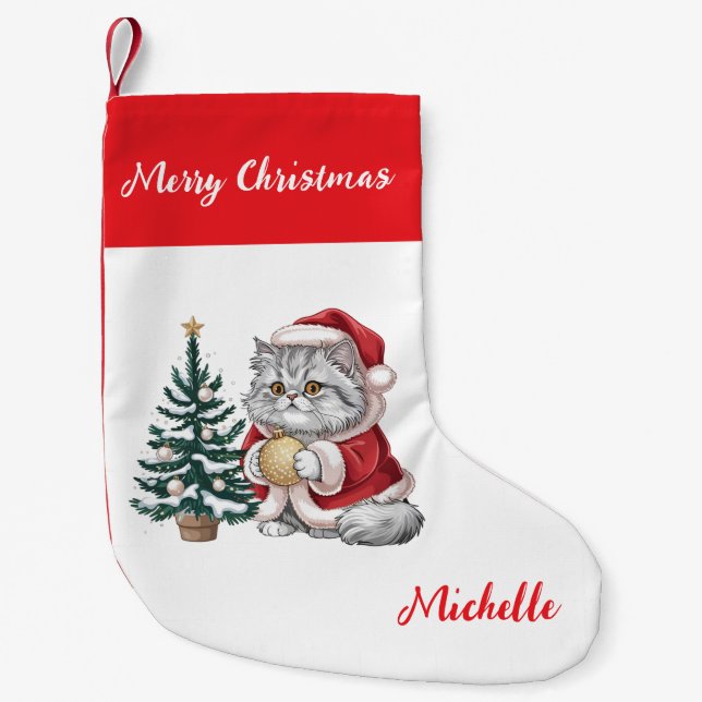Personalized Cat with Santa Hat Christmas tree     Liten Julstrumpa (Framsidan)