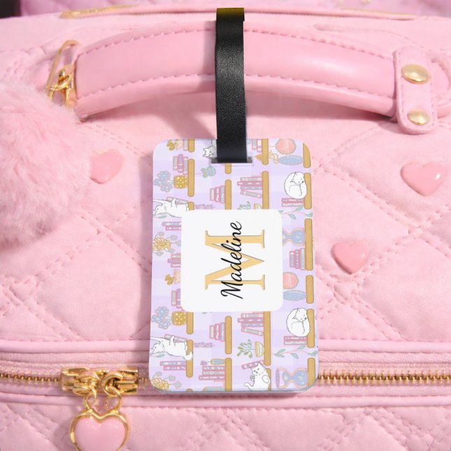 Personalized Cats in the Library Book Girl Purple Bagagebricka (Skapare uppladdad)