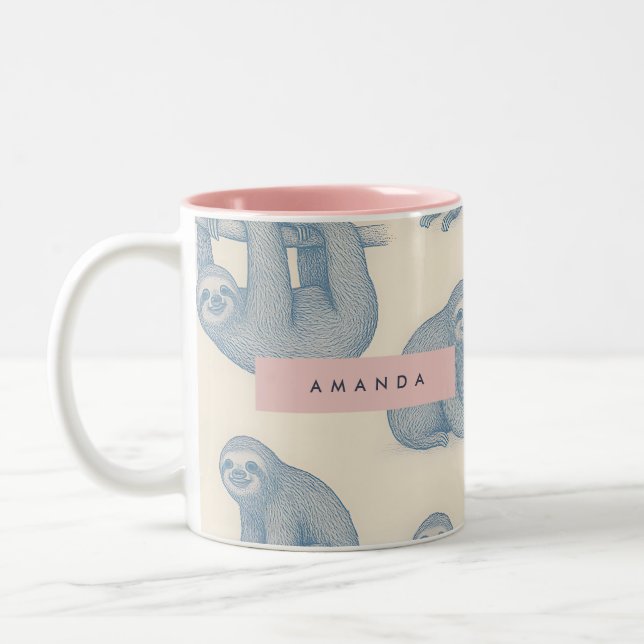 Personalized Charming Elegant Blue Sloth Pattern Två-Tonad Mugg (Vänster)