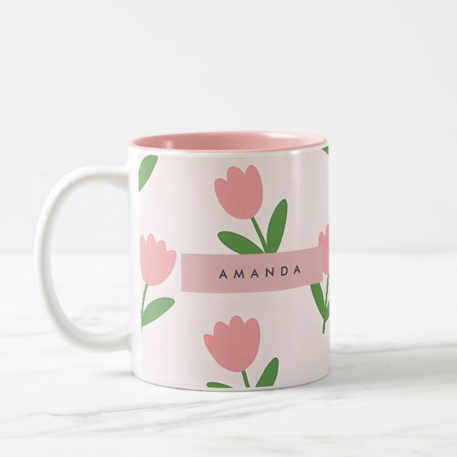 Personalized Charming Pink Tulip Floral Två-Tonad Mugg (Vänster)