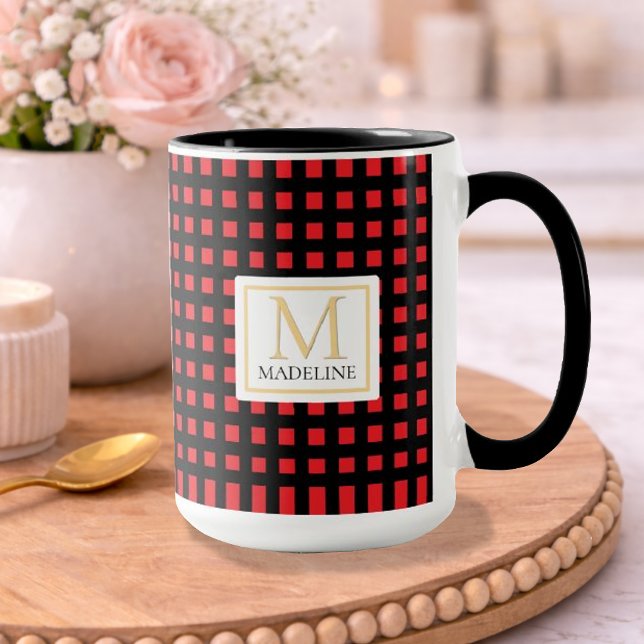 Personalized Checkered Name Mug Red Black Stripe Mugg (Skapare uppladdad)